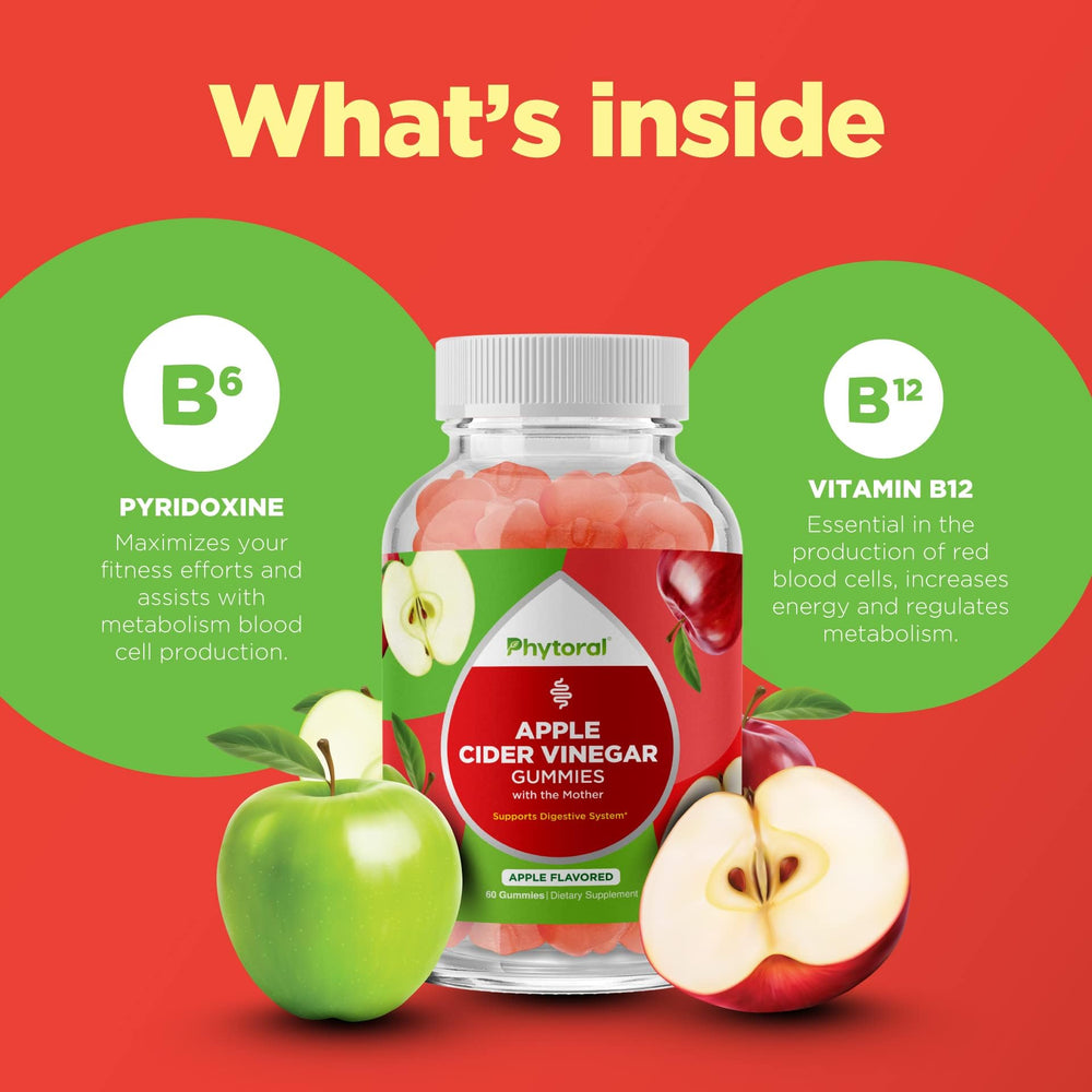 Phytoral ACV gummies close-up shows glossy texture and vibrant color.