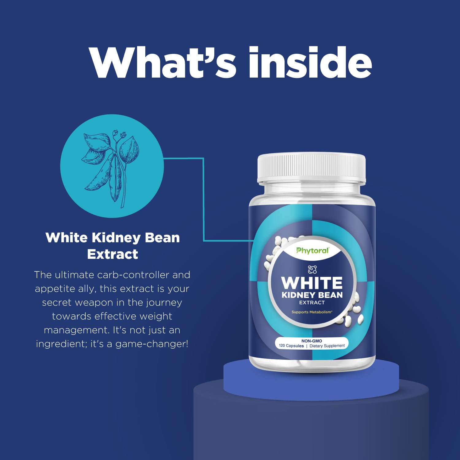 Phytoral Carb Blocker dosage scene illustrates taking capsules before meals.