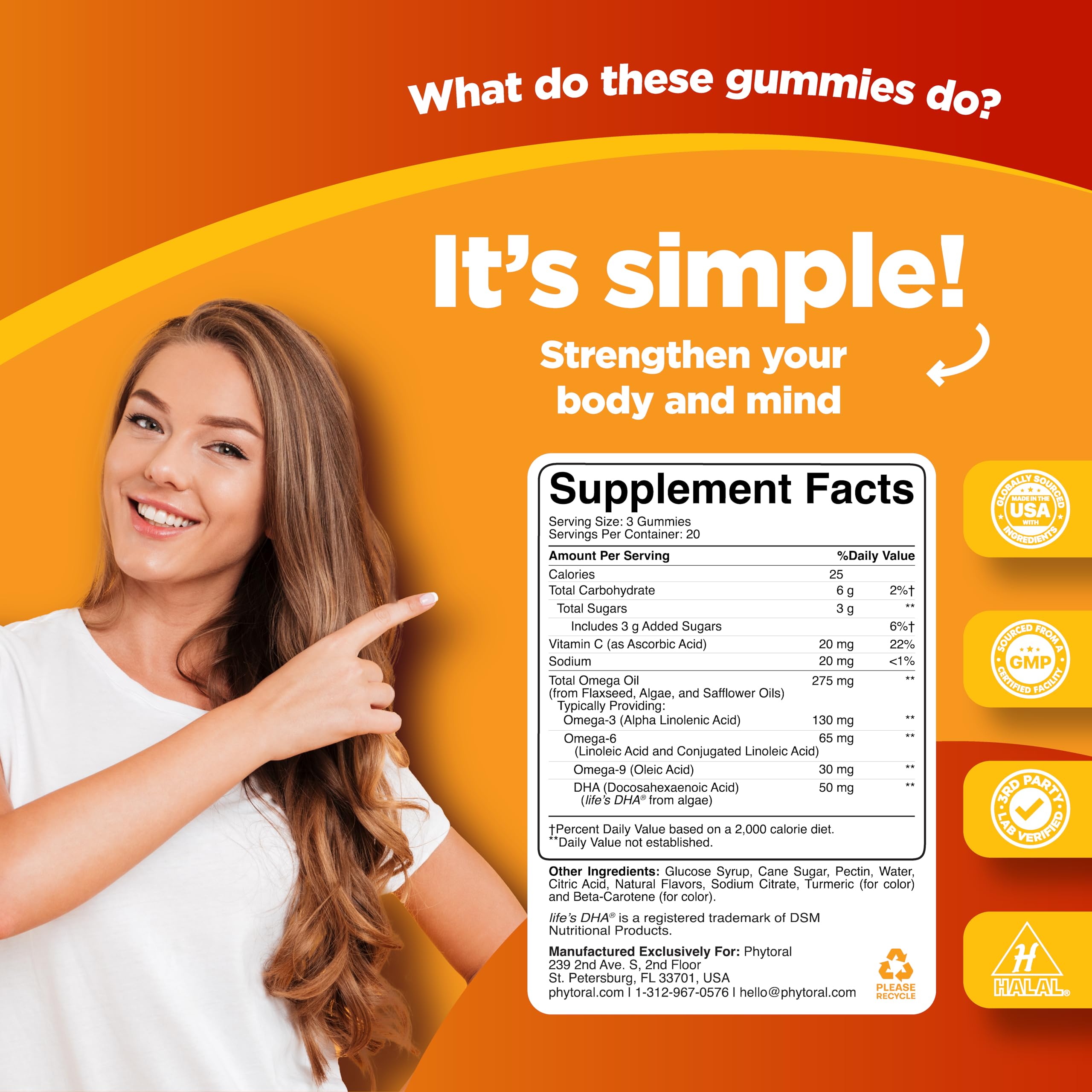 Phytoral DHA Omega 3 Gummies close-up emphasizes chewy texture and chia seed ingredient