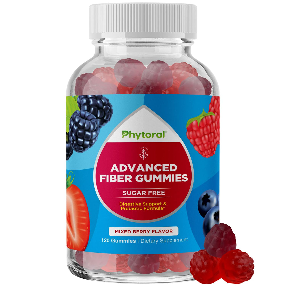 Phytoral Fiber Gummies bottle with sugar-free label highlighting gut support