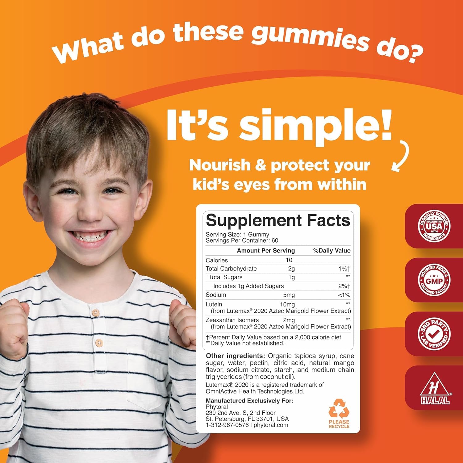 Phytoral Kids Lutein Gummies serving image showing dosage and mango taste.