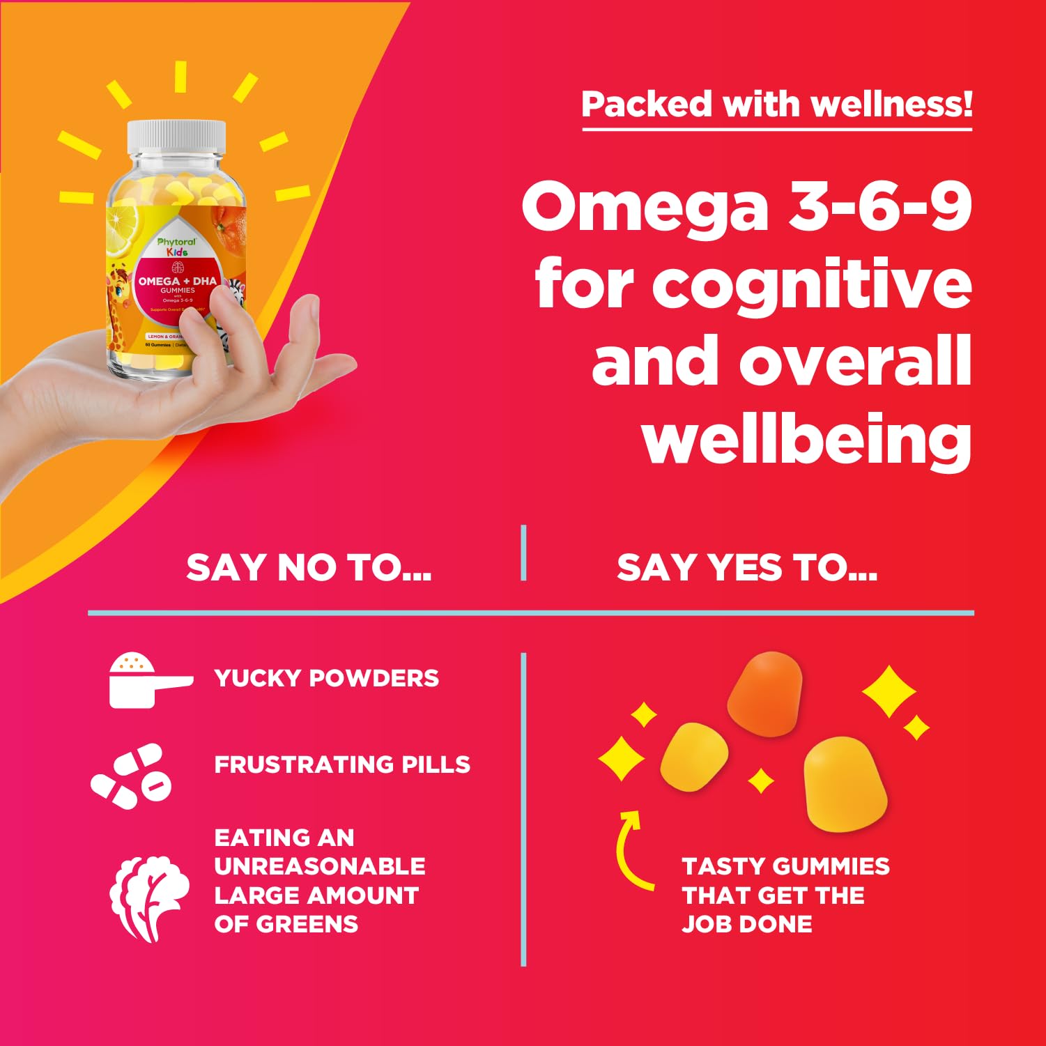 Phytoral Kids Omega DHA Gummies smile shot emphasizing safe vegan formula.