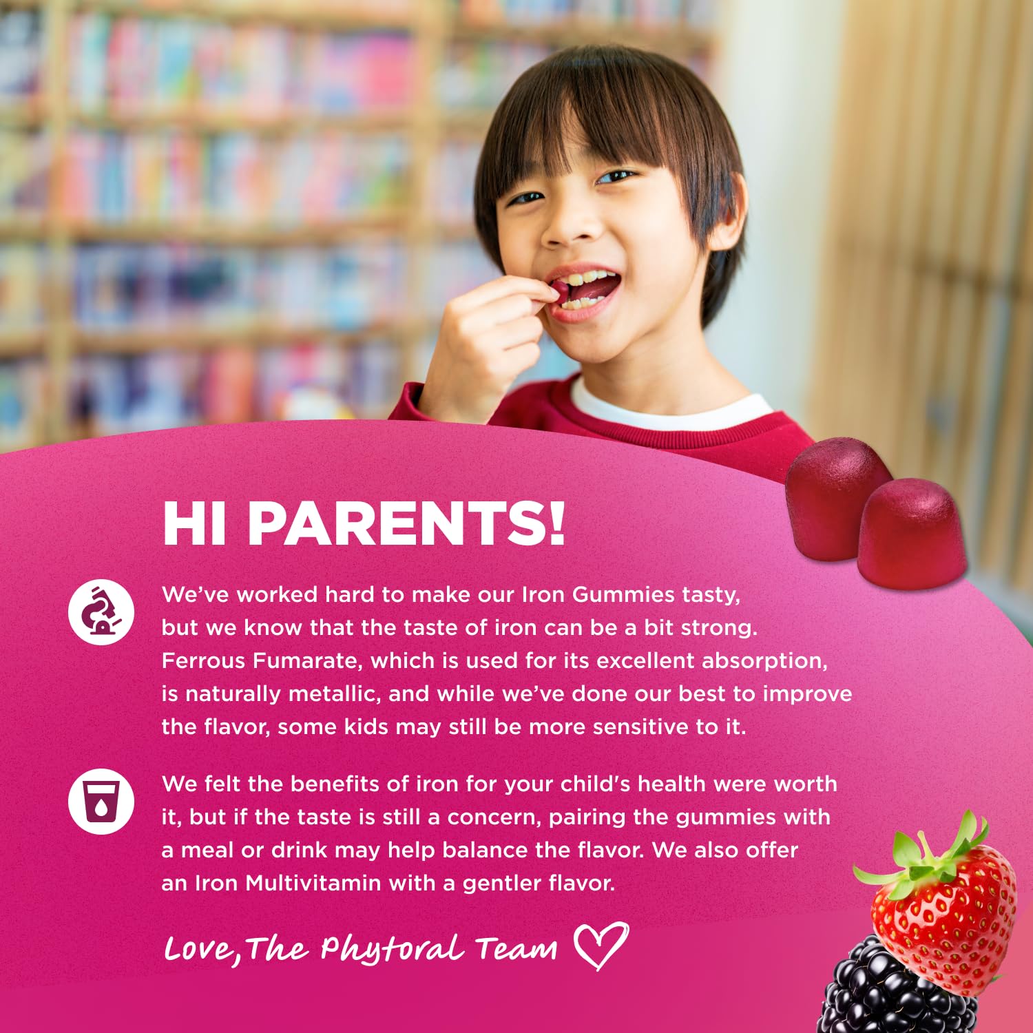 Phytoral gominotas enfoque para niños: ingredientes clave B6, B12 y Omega-3.