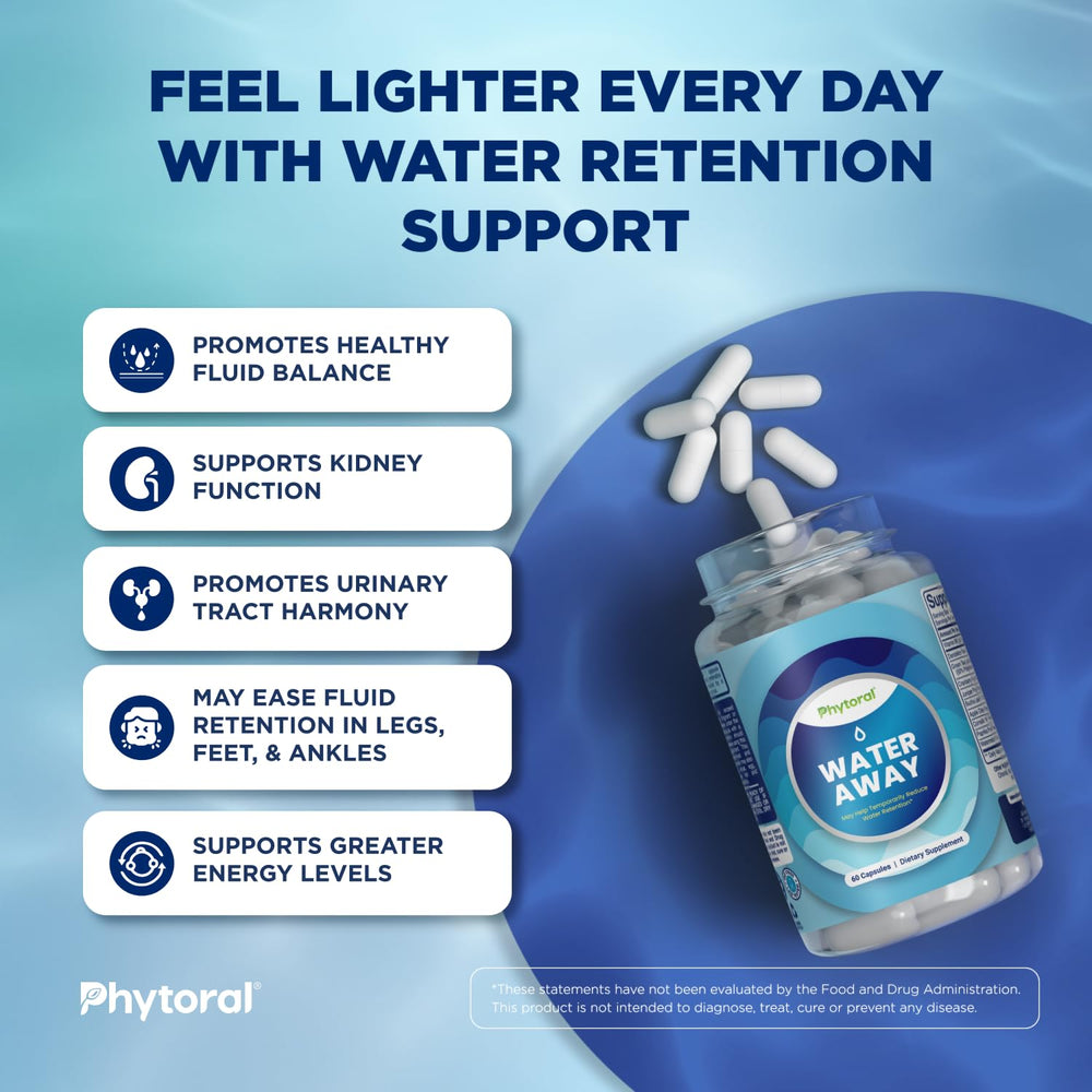 PHYTORAL water retention capsules close-up showcasing natural ingredients for fluid balance.