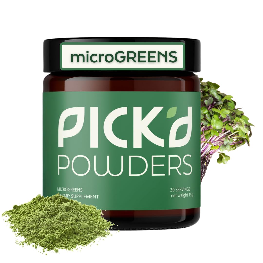 PICK'D POWDERS microgreens powder tub on counter for daily nutrition