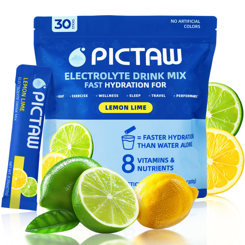 PICTAW lemon-lime electrolyte packet open for quick hydration after workouts.