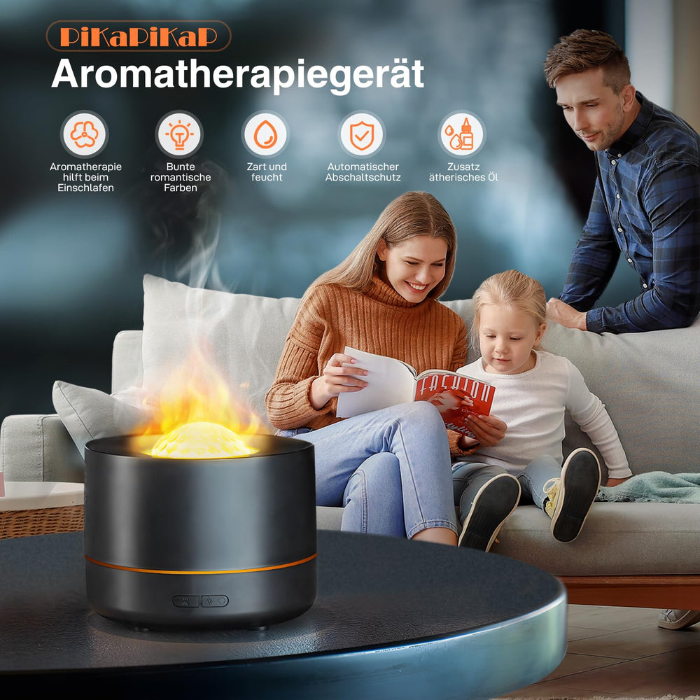 PiKaPiKaP essential oil diffuser shows 7-color flame effects for a dynamic bedroom mood.