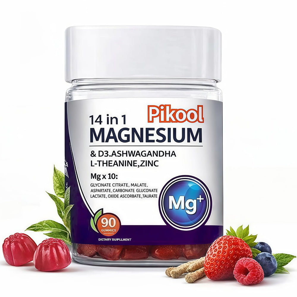 Pikool Magnesium Complex Gummies bottle front, promoting a calm evening routine