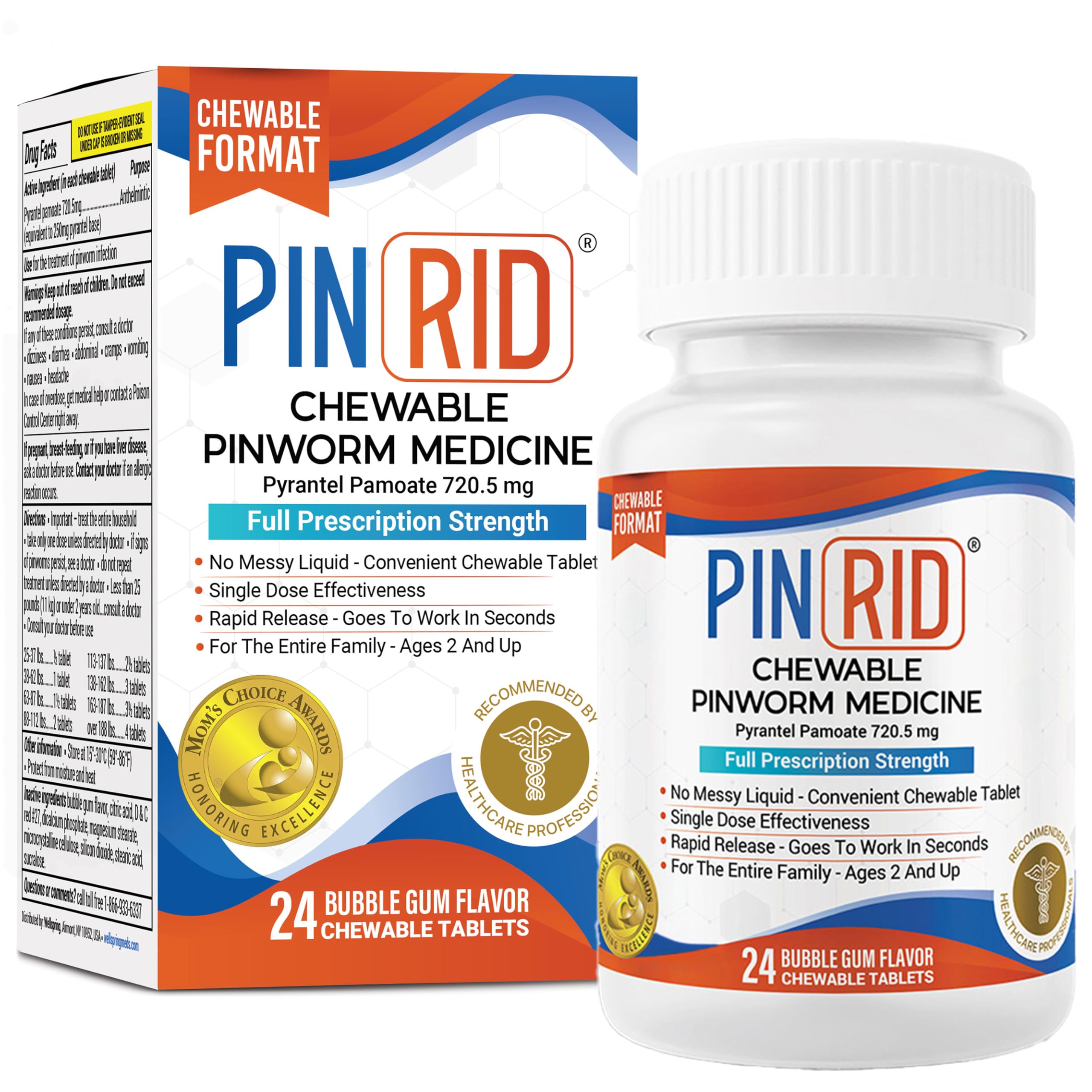 PinRid bubblegum tablet bottle label with clear dosing information for family use.