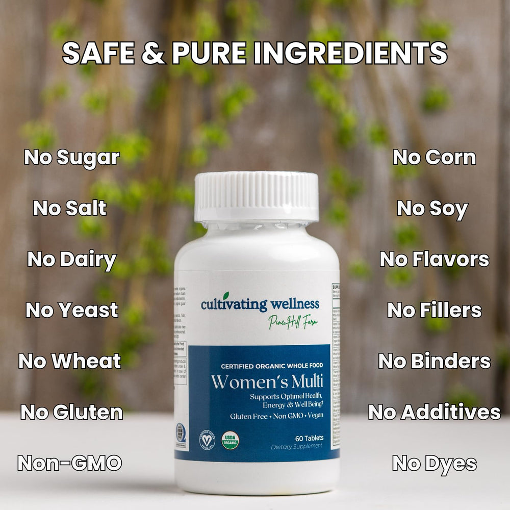 Pine Hill Farm Organic Women’s Multi bottle side showing two-tablet regimen