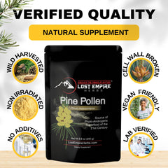 Lost Empire Pine Pollen Powder cell-wall cracked close-up highlighting texture.