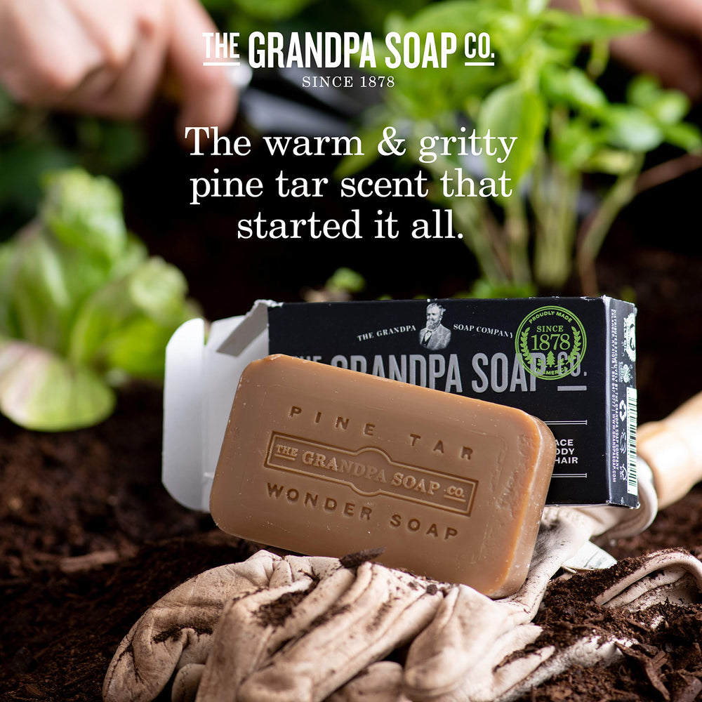 The Grandpa Soap Company pine tar soap with woodsy fragrance for refreshing cleansing.