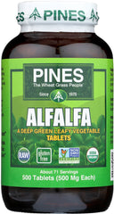 Pines Alfalfa 500 Tabs bottle with capsules for convenient daily greens.
