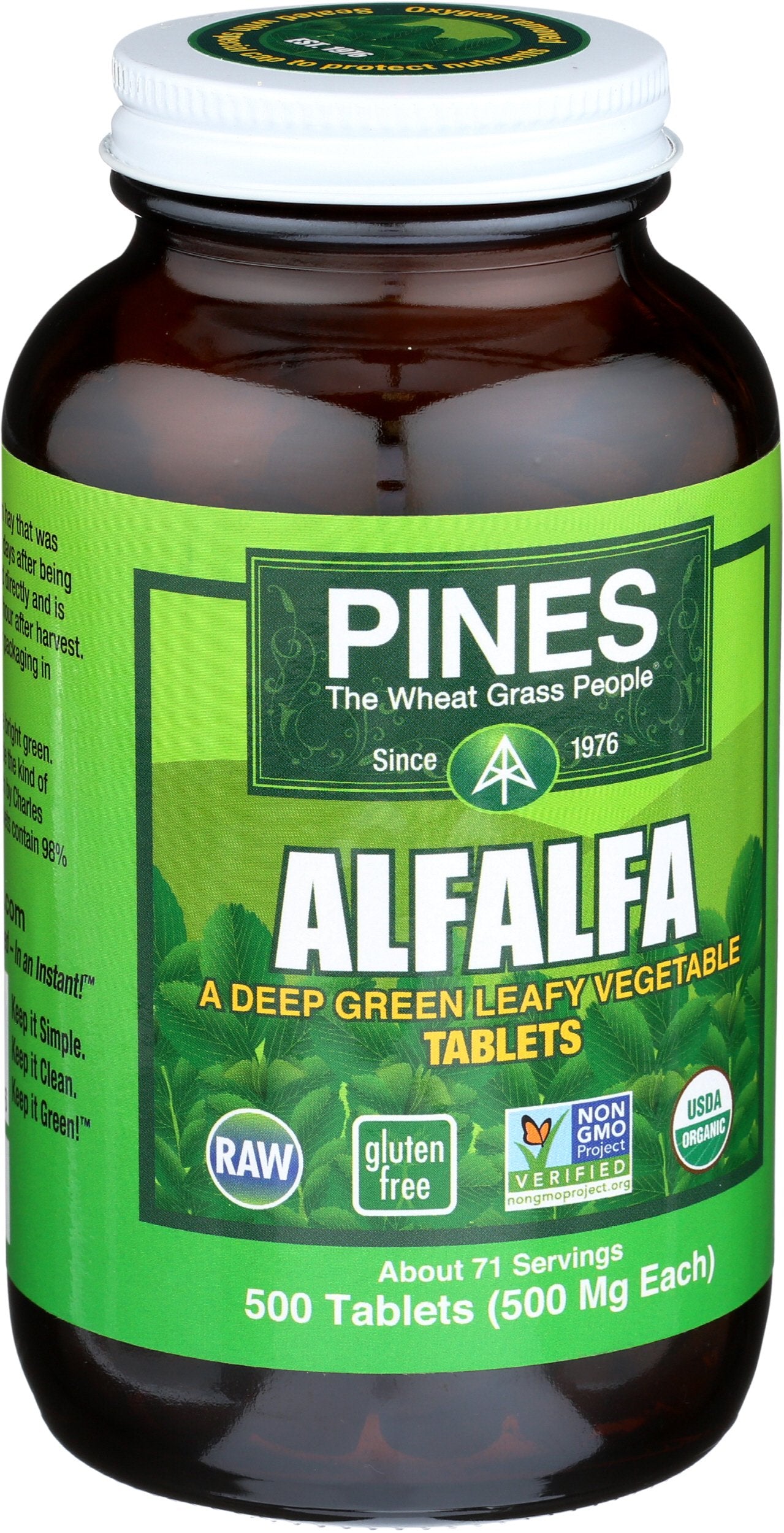 Closeup of Pines Alfalfa capsules showing rich green color for vegan use.