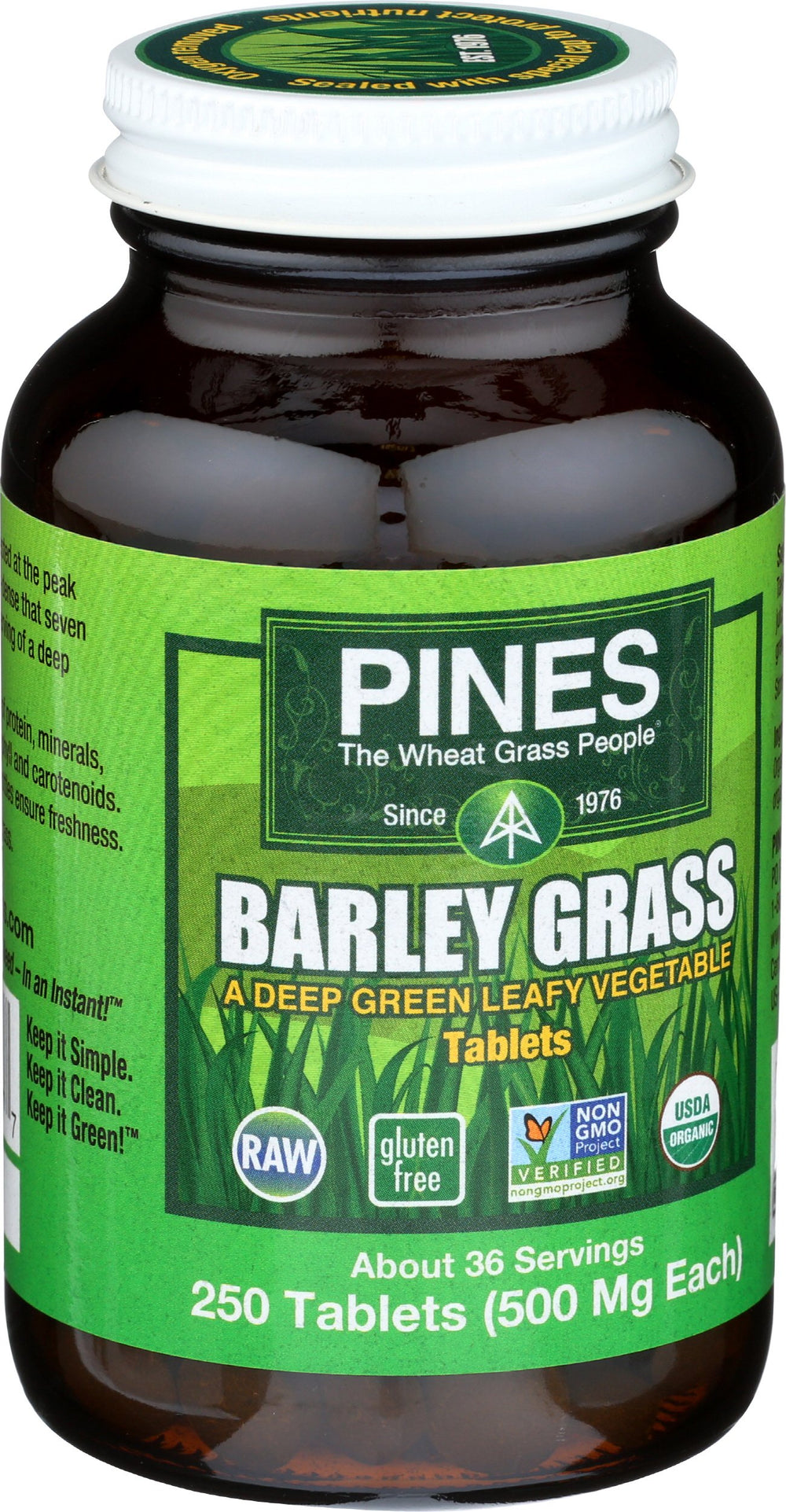 PINES Barley Grass bottle pouring into juice for quick morning energy