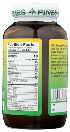 Pines Mighty Greens jar highlighting organic greens for daily nutrition.