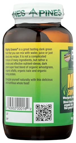 Pines Mighty Greens spoon with ingredients emphasizing whole-food blend.