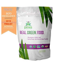 PINES Real.Green.Food packaging on a kitchen counter, ready to mix for convenient greens.