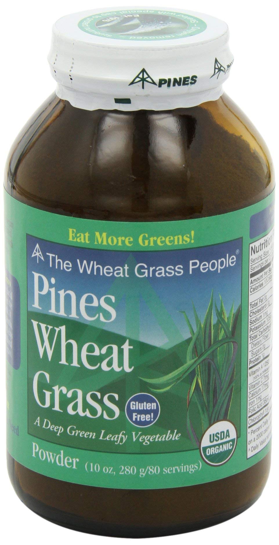 Pines Wheat Grass Powder bottle on a kitchen shelf for everyday use.