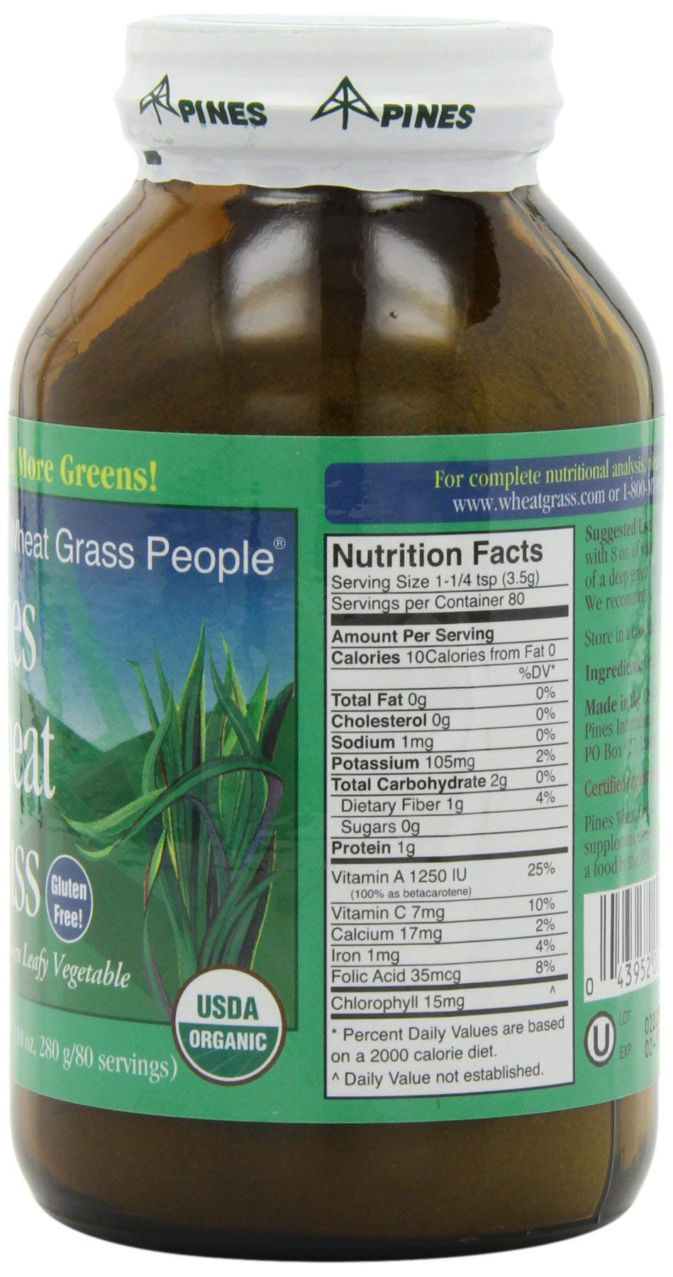 Pines Wheat Grass Powder packaging with organic label for shoppers.