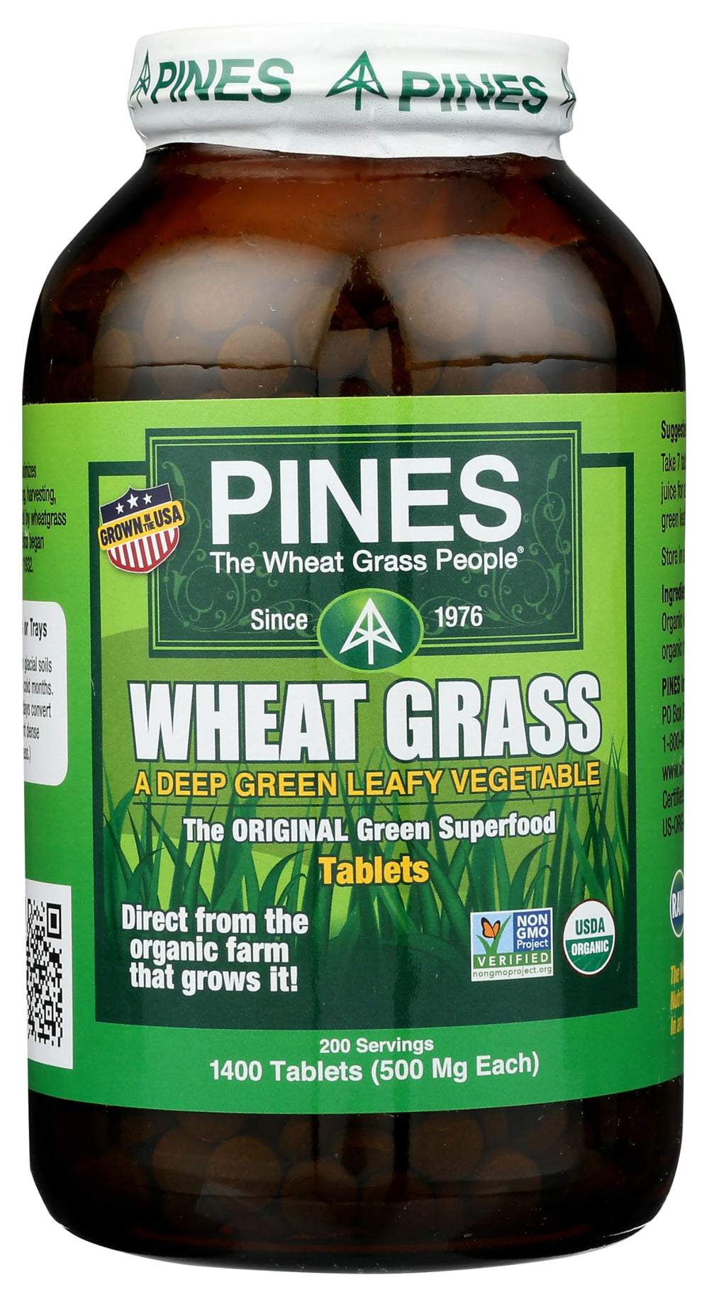 Pines Wheat Grass Tablets bottle front showing the organic label for convenient greens.