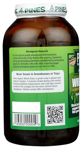 Pines Wheat Grass Tablets bottle top view emphasizing gluten free and vegan attributes.
