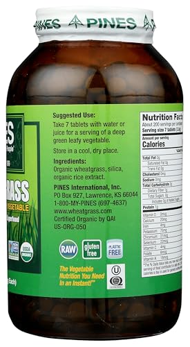 Pines Wheat Grass Tablets packaging side showing USDA Organic status.