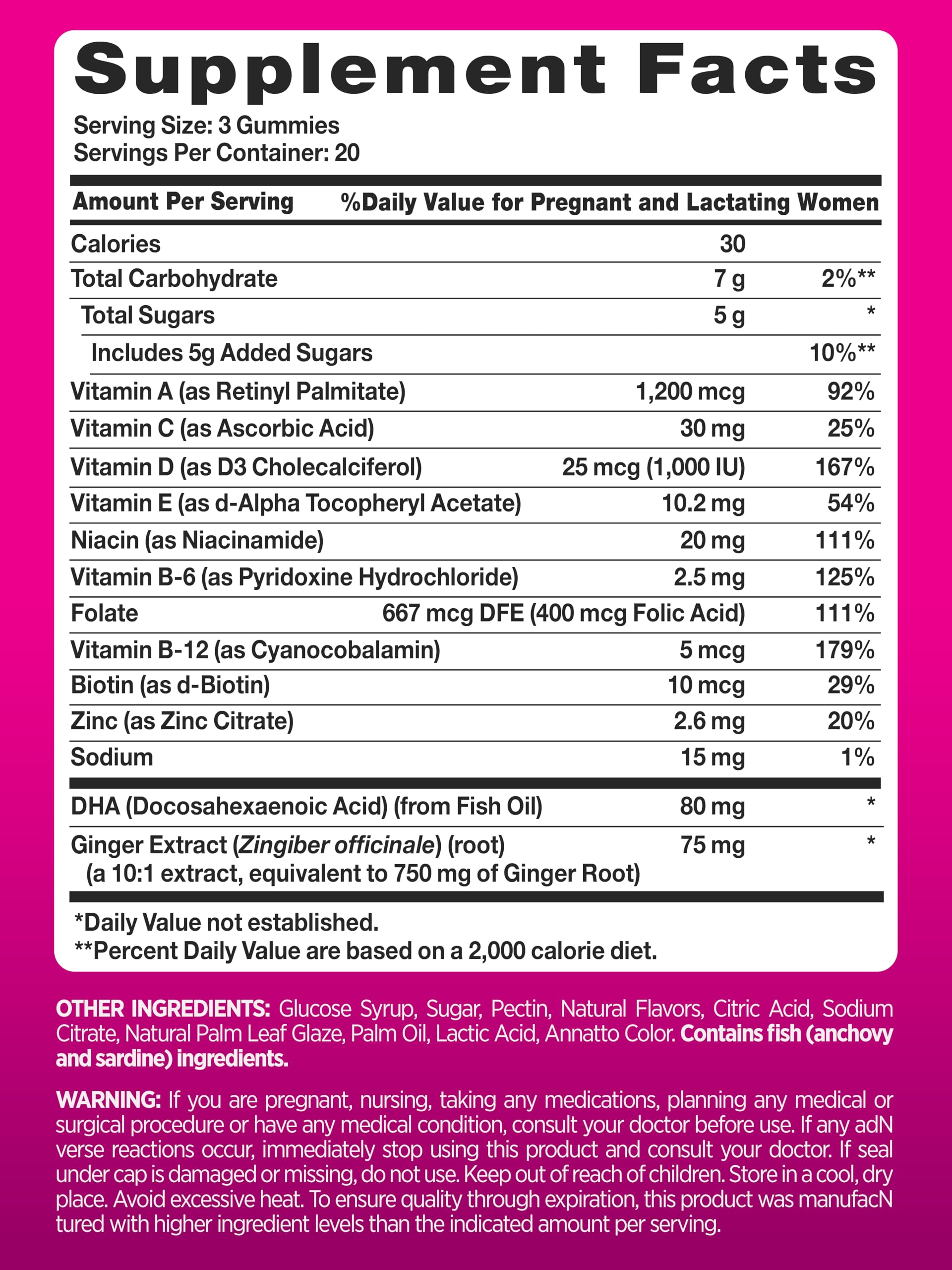 PINK Prenatal Vitamins label close-up shows non-GMO and gluten-free features