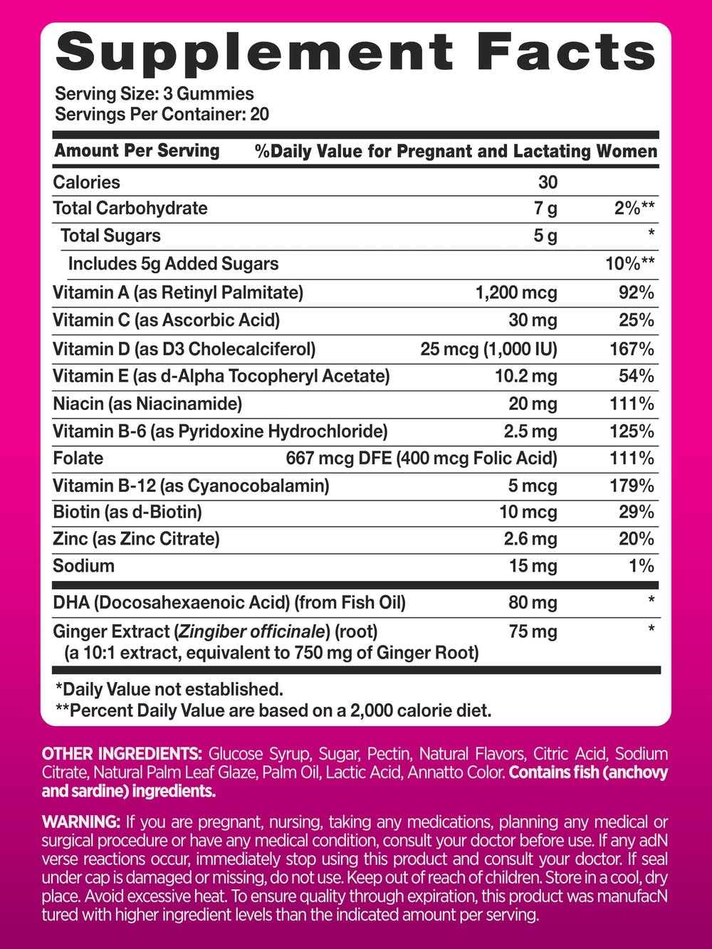PINK Prenatal Vitamins label close-up shows non-GMO and gluten-free features