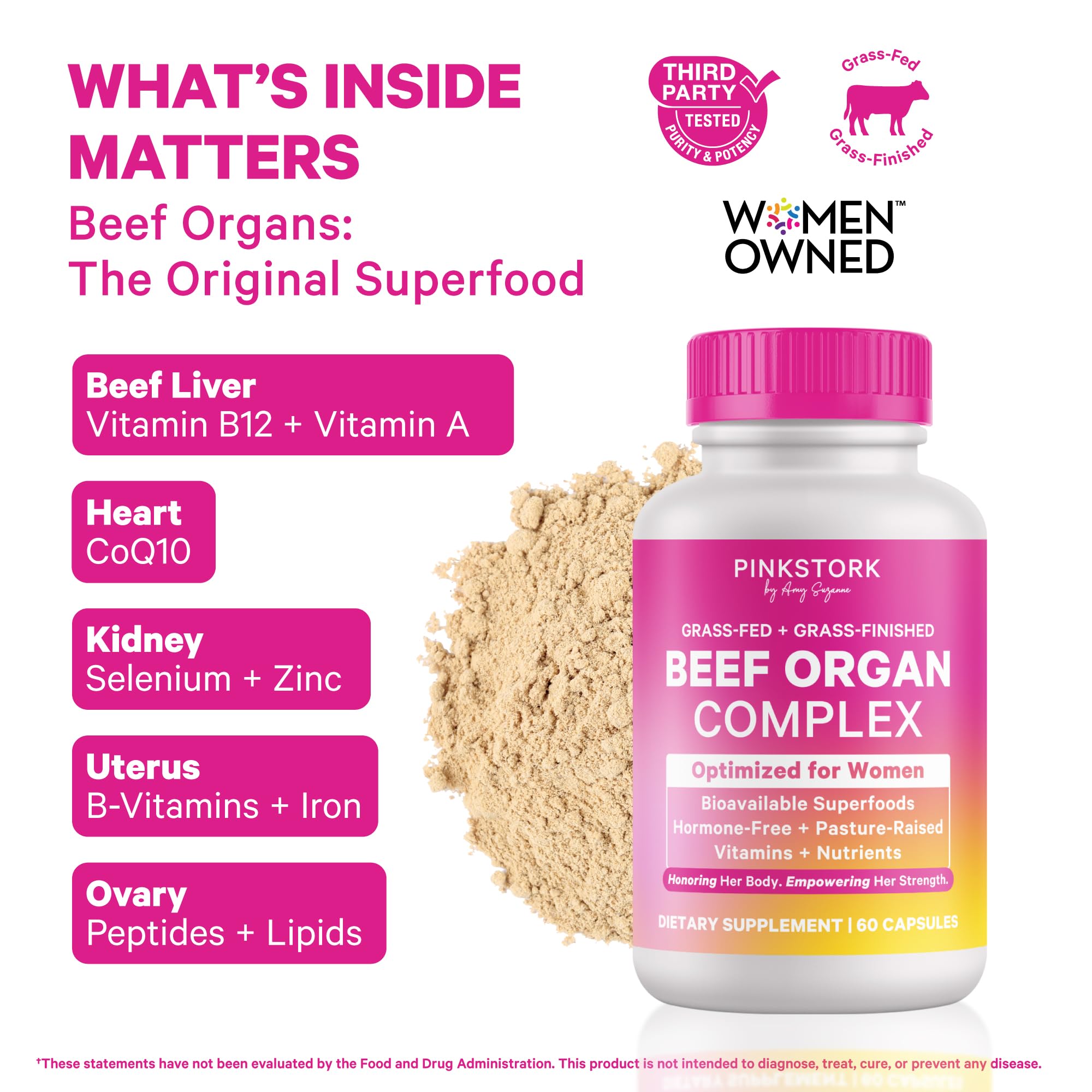 Close-up of Pink Stork beef organ capsules for vitality and nutrient delivery.