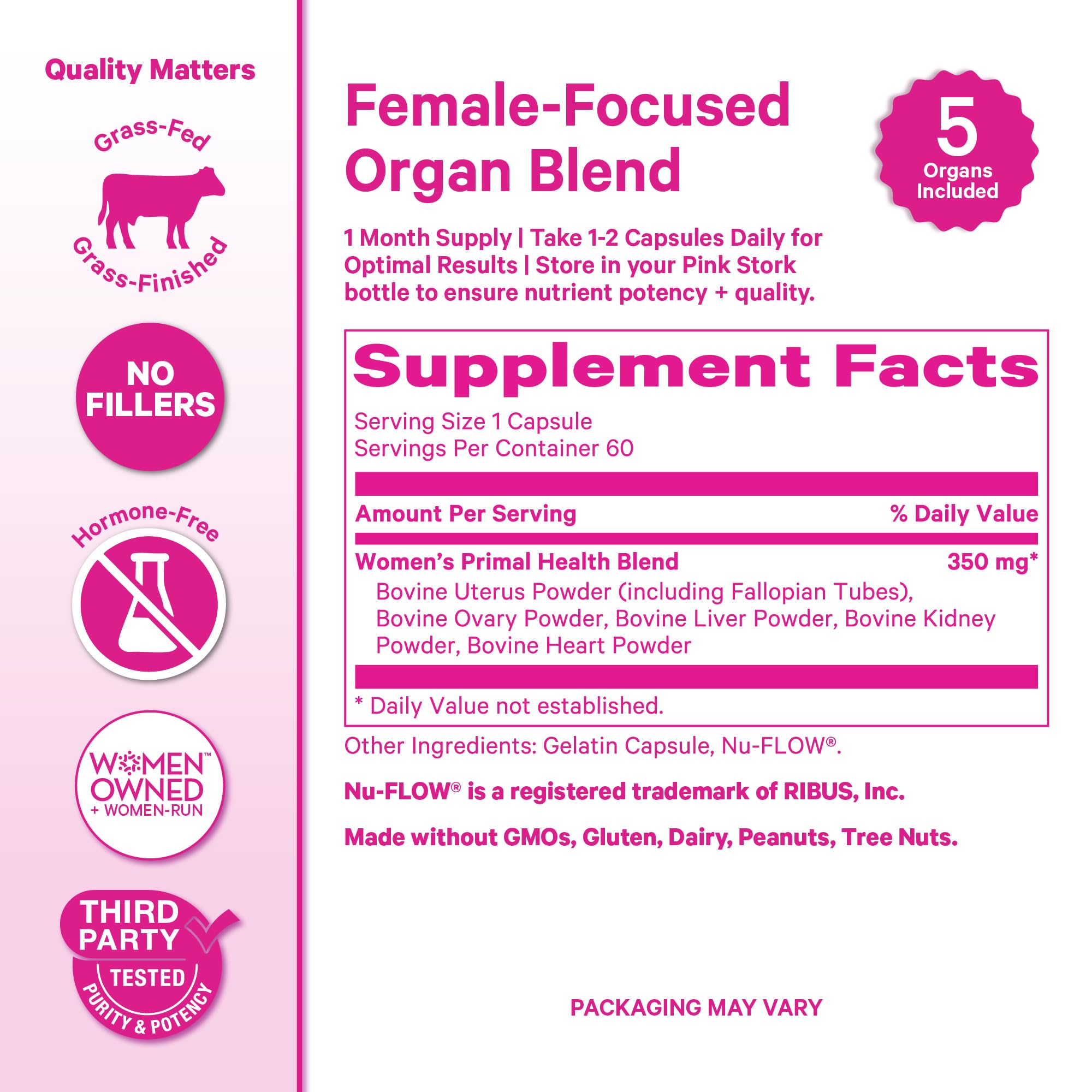 Grass-fed, hormone-free beef organ capsules with no fillers.