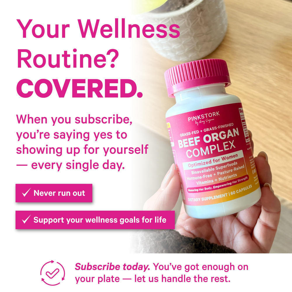 Pink Stork uterus and ovary powder emphasizes hormonal wellness support.