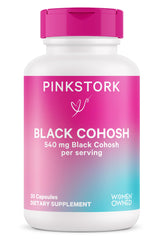 Pink Stork Black Cohosh bottle front showing 540 mg capsules for menopause support.