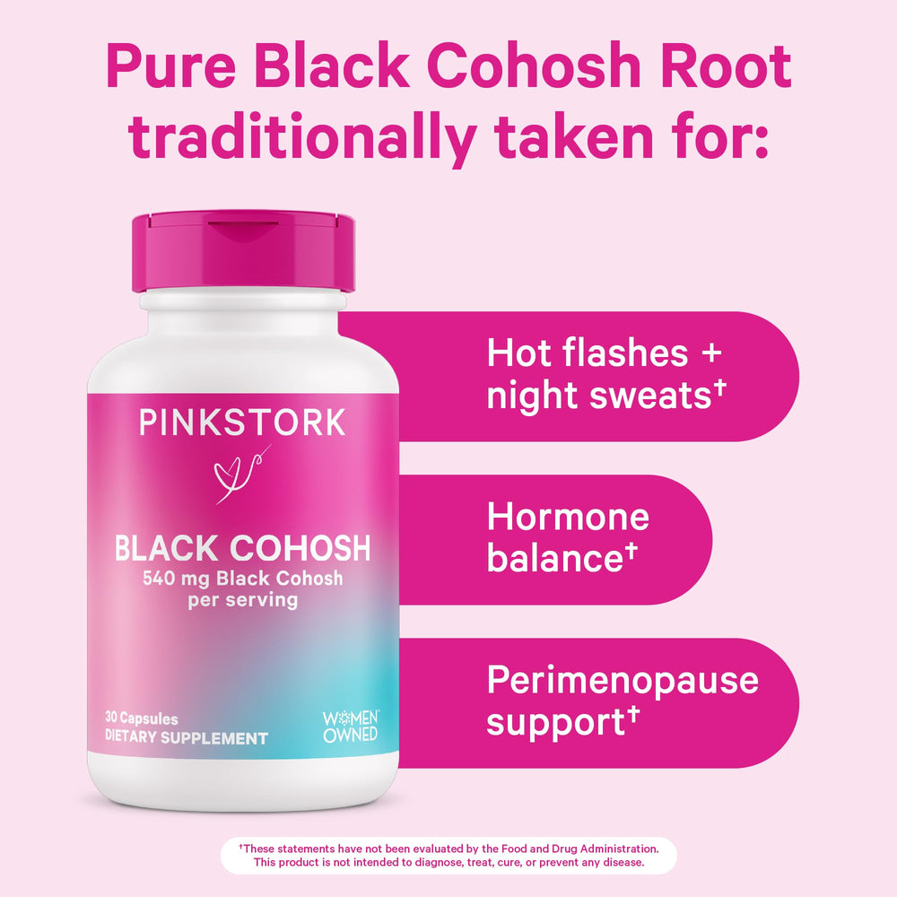Pink Stork Black Cohosh capsules 540 mg arranged for daily use.