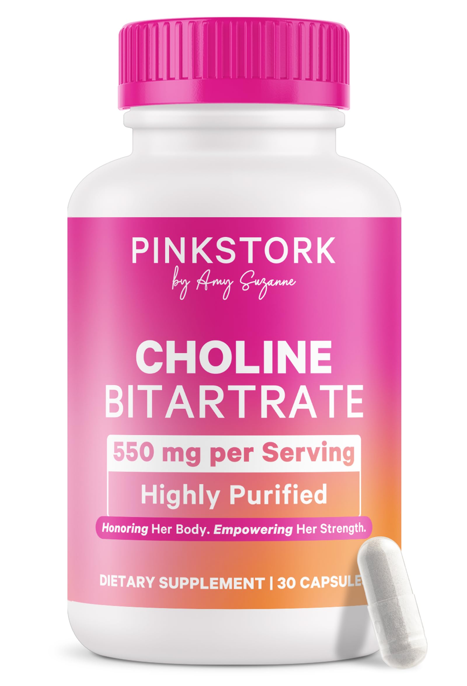 Pink Stork Choline bottle shows 550 mg dosage for prenatal use.