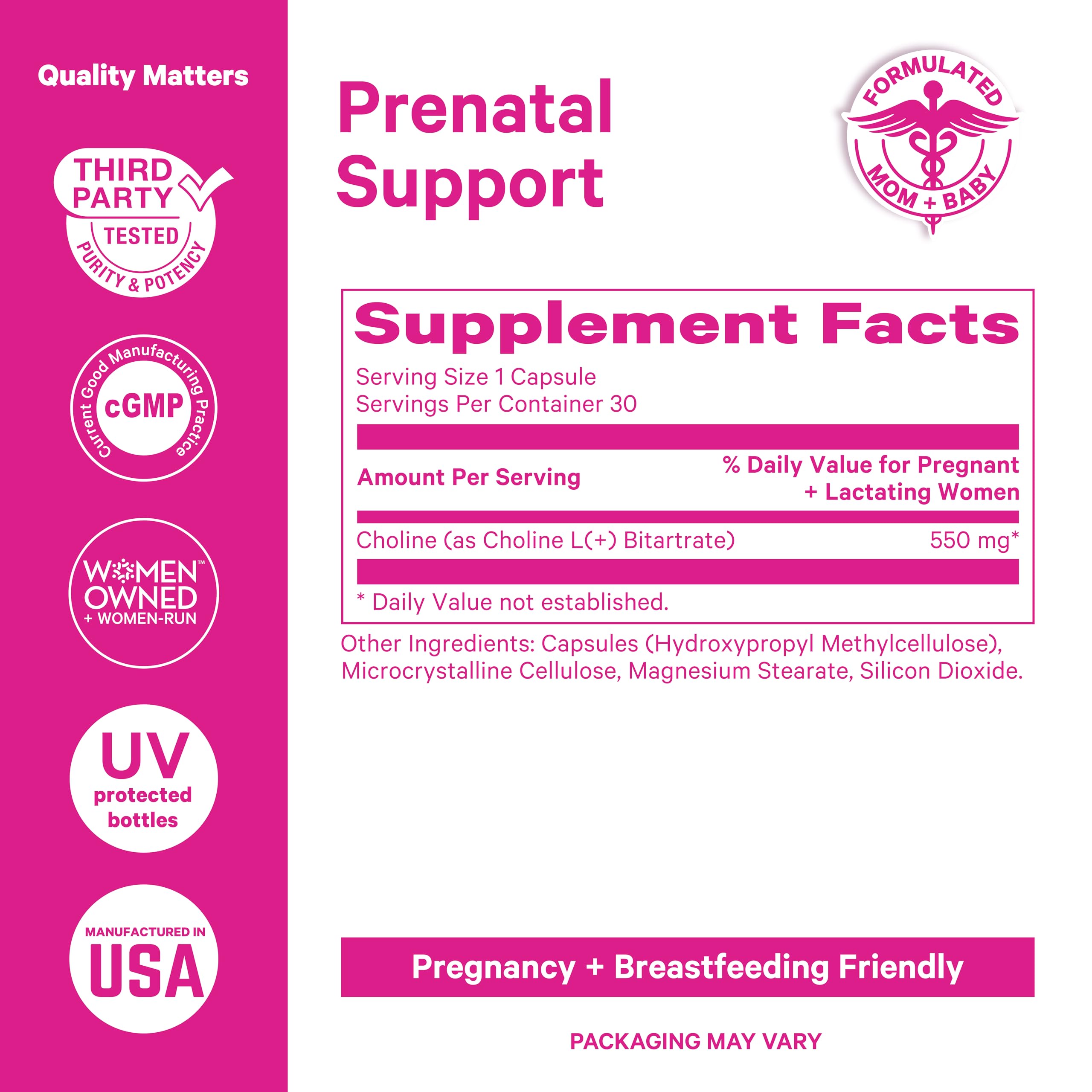 Pink Stork Choline Bitartrate ingredient on label.