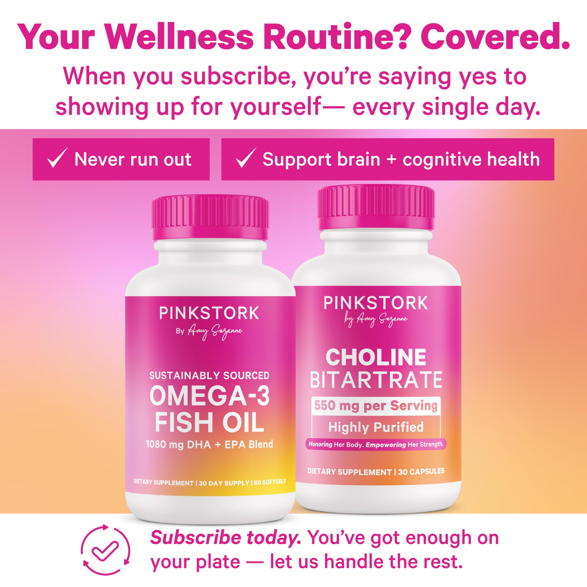 Pink Stork Choline daily-use capsule in hand.