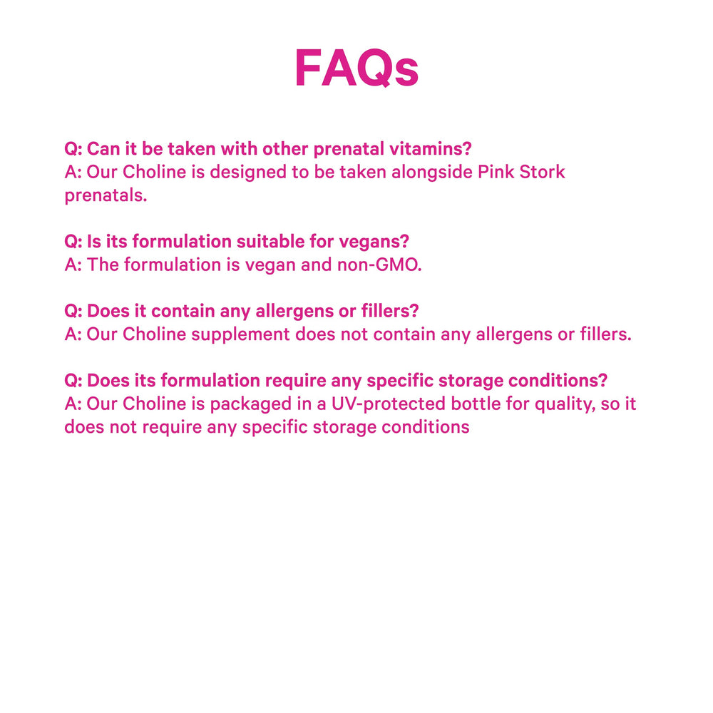 Pink Stork Choline product packaging highlighting benefits.