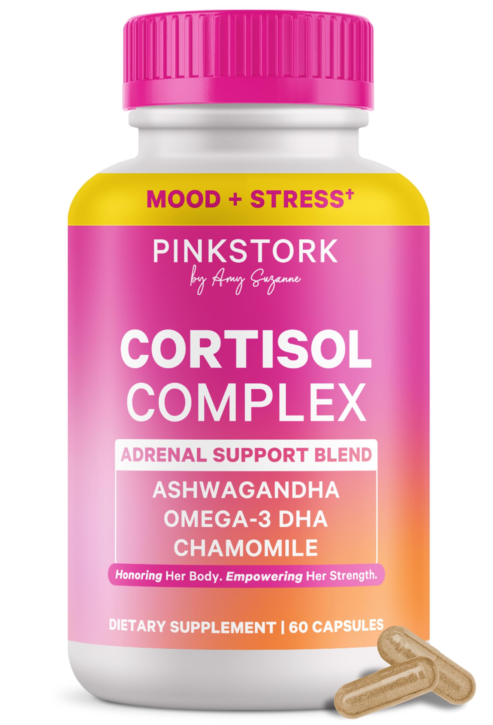 Pink Stork Cortisol Complex bottle front supports balanced energy for busy days.