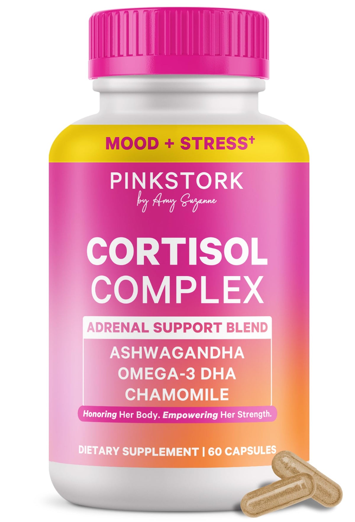 Pink Stork Cortisol Complex bottle front supports balanced energy for busy days.