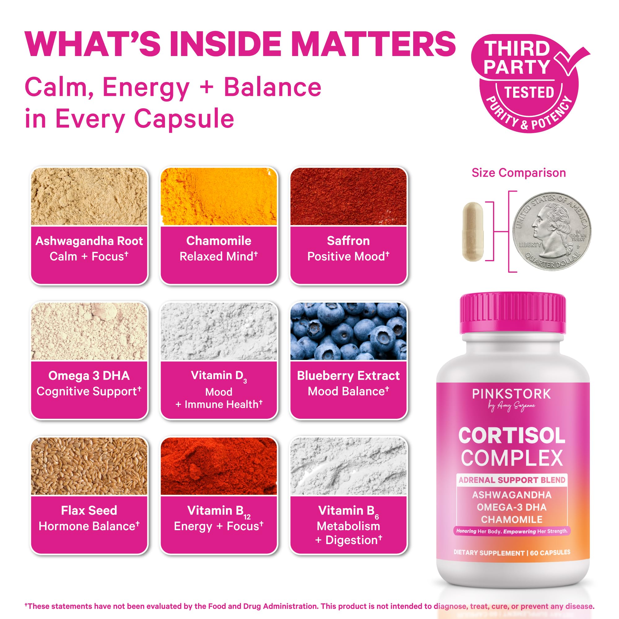 Pink Stork Cortisol Complex bottle side highlights label for daily adrenal support.