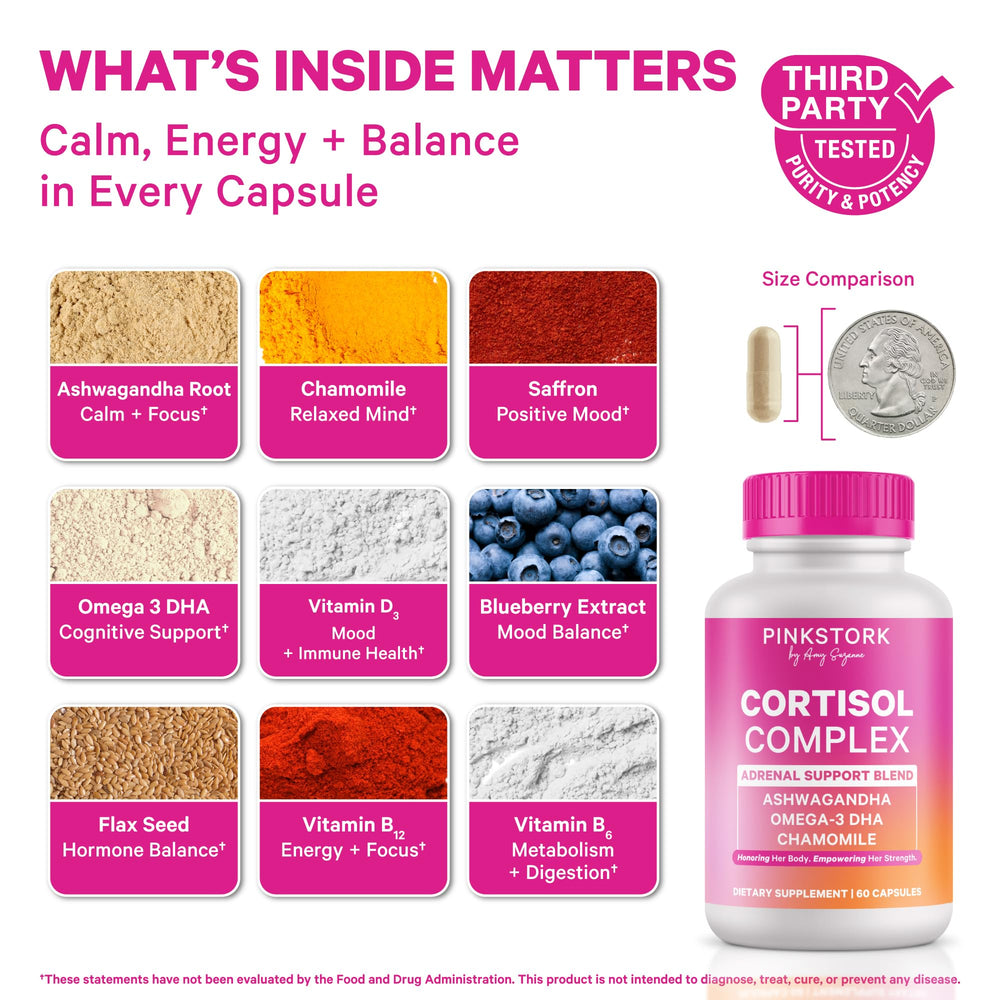 Pink Stork Cortisol Complex bottle side highlights label for daily adrenal support.