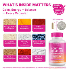 Pink Stork Cortisol Complex bottle side highlights label for daily adrenal support.