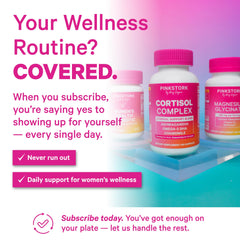 Pink Stork Cortisol Complex bottle with glass demonstrates daytime-use, non-drowsy formula.
