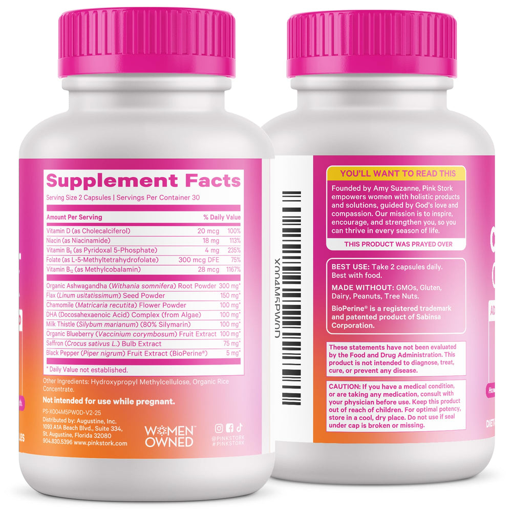 Pink Stork Cortisol Complex lifestyle shot suggests pairing with other wellness routines.