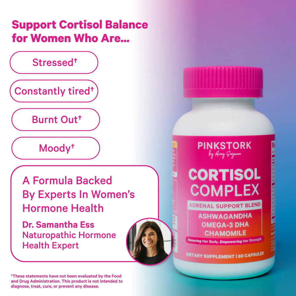 Pink Stork Cortisol Complex pour shows two-capsule daily serving for ease.