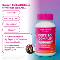 Pink Stork Cortisol Complex pour shows two-capsule daily serving for ease.