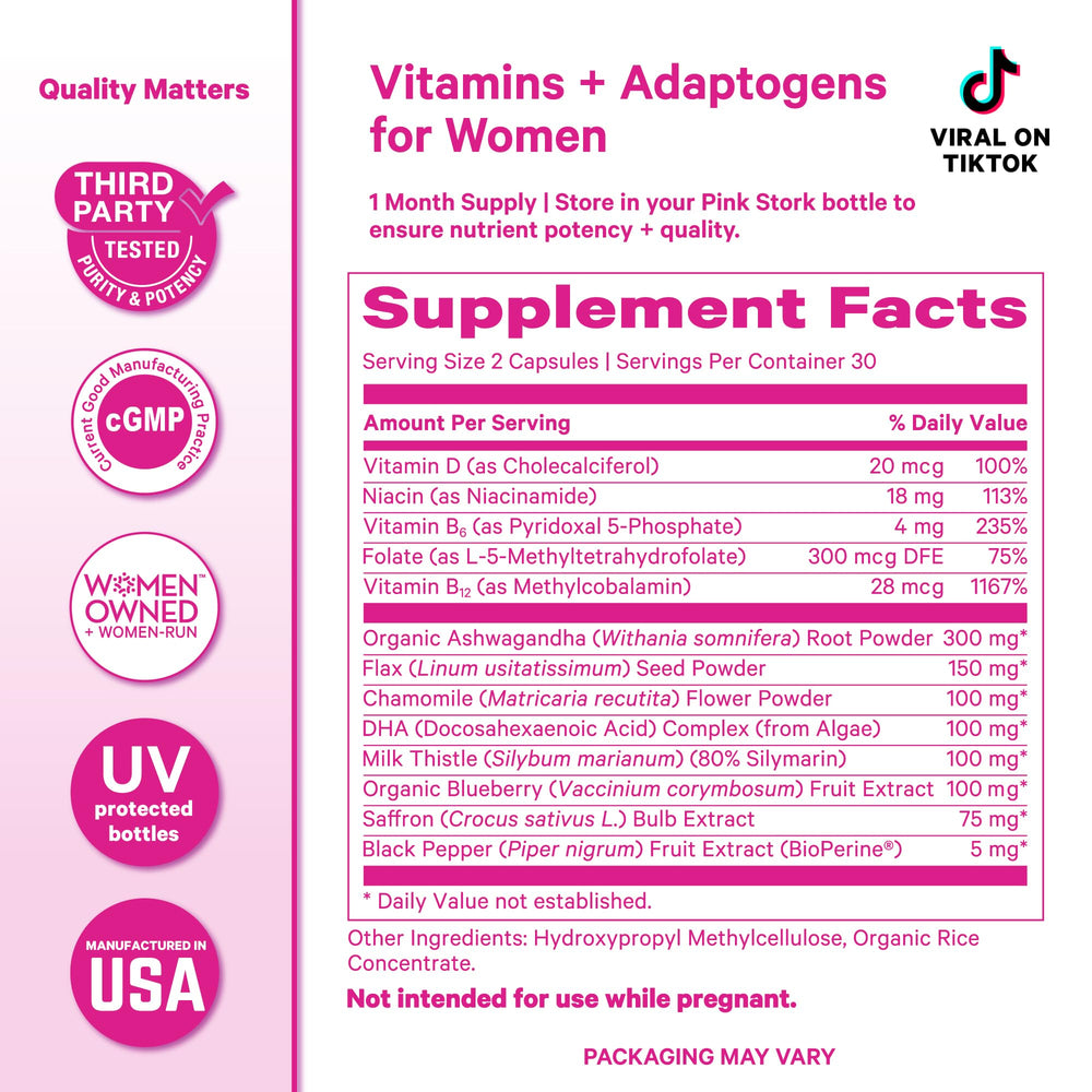 Pink Stork Cortisol Complex UV bottle signals purity and third-party testing.