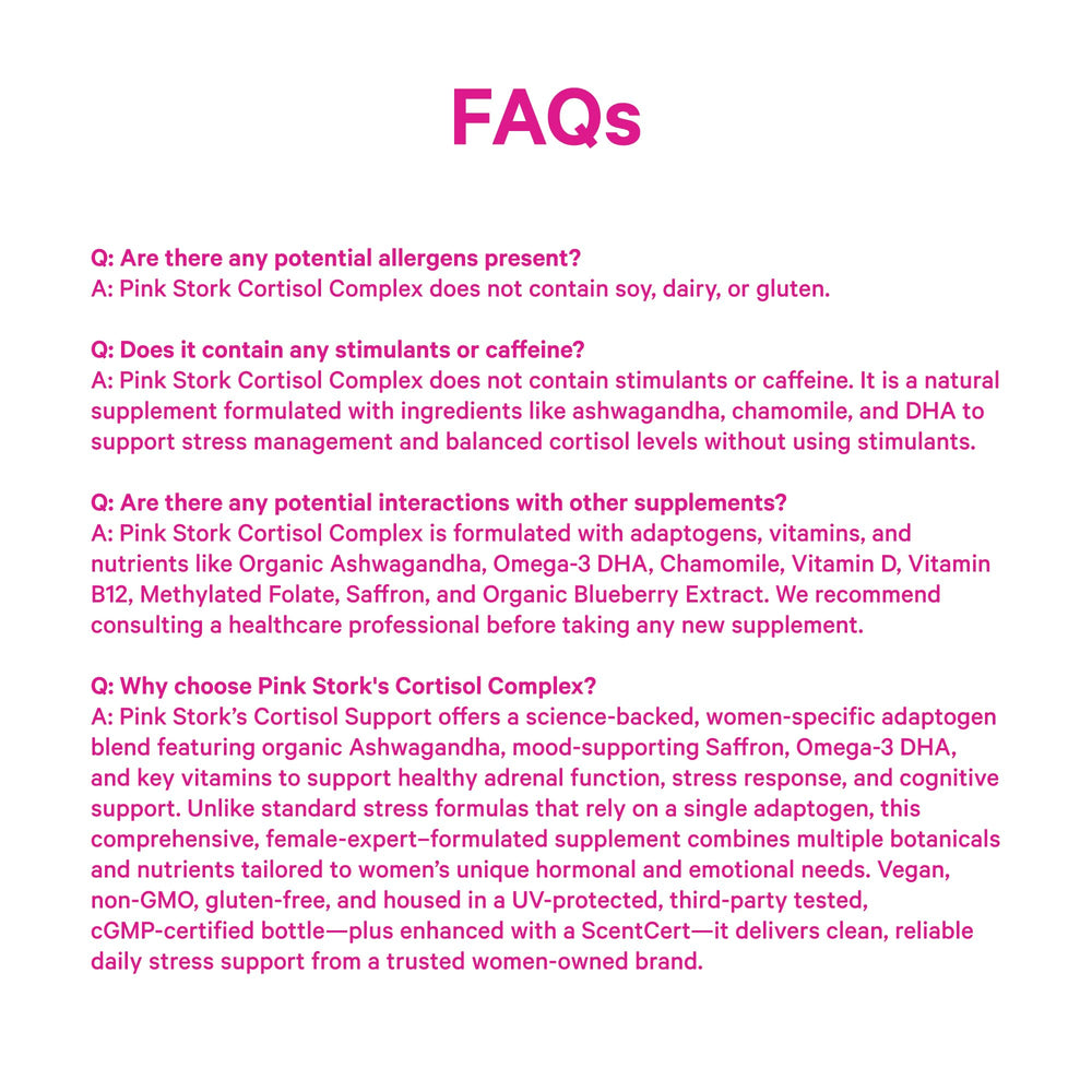 Pink Stork Cortisol Complex women-owned brand featured for stress-support options.