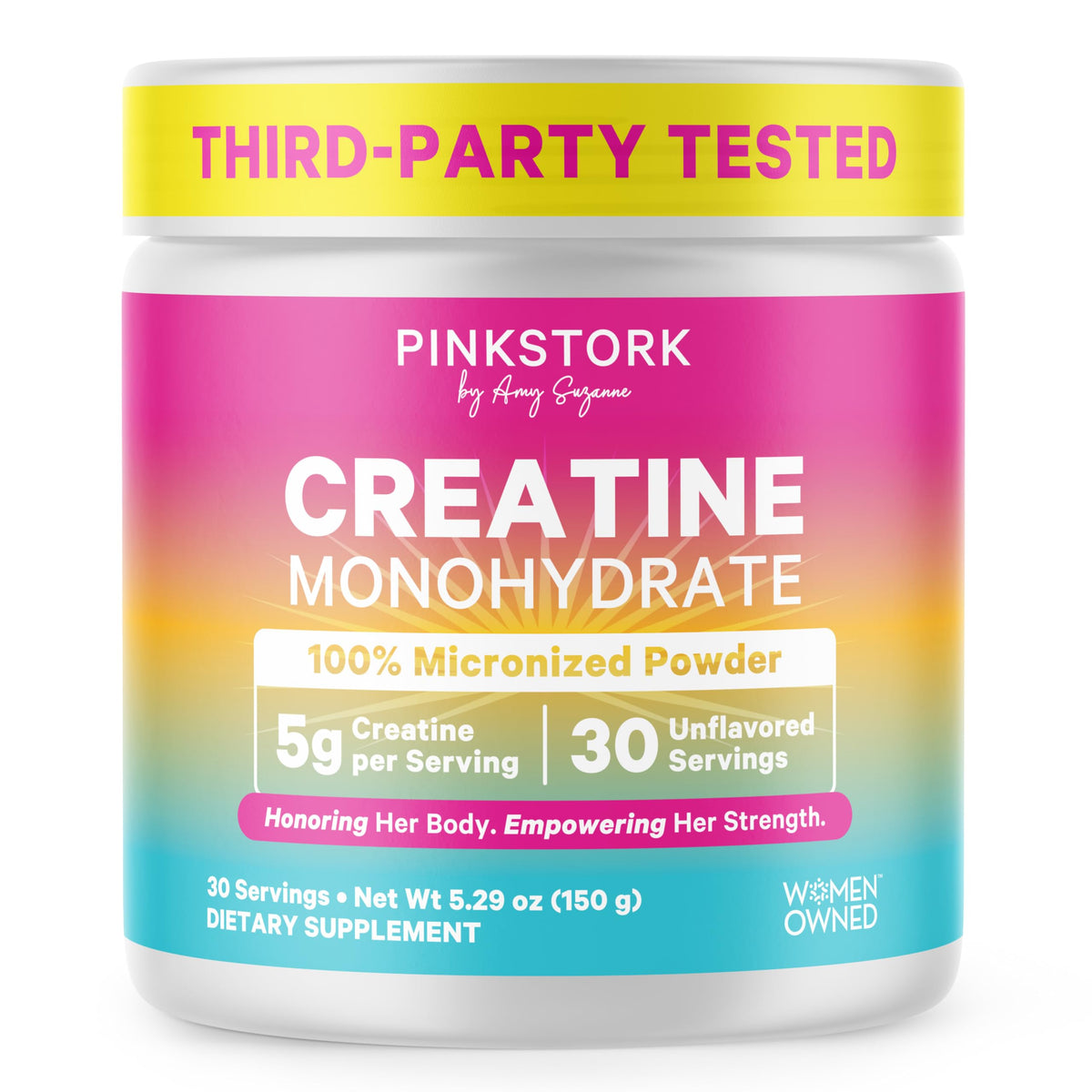 Pink Stork Creatine Monohydrate bottle pouring for easy dosing